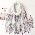 Cotton linen feel scarf with floral paisley prints and blue orange tassels for women - White Polka Dot Floral Tassel Style (SL1908-007)