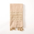 Elegant beige lace patchwork scarf with floral embroidery and tassel details for women - Khaki