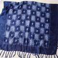 Detailed view of tie-dye scarf with white butterfly prints and soft tassel edges - Dark Blue Grid Butterfly Pattern (3)