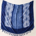Detail of blue and white tie-dye cotton linen scarf with handmade fringe tassels - Blue White Starry Tie Dye Pattern (4)