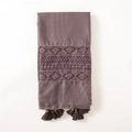 Deep purple cotton linen scarf with geometric embroidery and tasseled edges - Violet