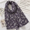Detail of elegant dark purple cotton linen scarf with shiny silver feather foil prints - 180*90CM / Heather Grey