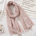 Close-up of pink linen scarf featuring silver feather prints and soft texture fabric - 180*90CM / Pink