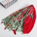 Floral butterfly print cotton scarf in vibrant red with elegant fringe tassel details - 180*110cm / Red