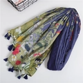 Twill cotton scarf with floral bird print and navy blue tassels in forest green - 180*110cm / Navy Blue