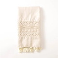 Beige summer scarf with lace patchwork and elegant gold-threaded fringe details - Beige