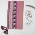 Écharpe fine rose style bohème avec broderie géométrique et bordure à pompons - 180*90CM / Rose