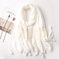 White bohemian scarf with elegant lace patchwork and decorative tassels for summer - White