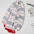 White linen scarf with red tassels and striped patterns on a minimalist background - Main Image Color (Red & Grey Geometric Stripes With Tassels)