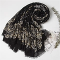 Elegant black shawl with gold floral print and fringe details on a white background - 140*140cm / Black Paisley Gold Foil Print