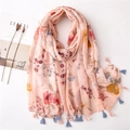 Pink floral cotton linen scarf with sequins and tassels on a clean white background - 180x90cm / Pink Floral Style (SL2004-001)
