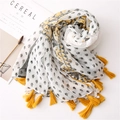 White cotton linen scarf with black patterns and yellow tassels for beach travel - 110X110CM / Yellow