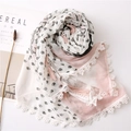 Detailed close-up of floral cotton linen scarf with lace trim and pink tassel fringe - 110X110CM / Pink