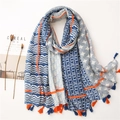 Sciarpa giapponese in cotone e lino con motivi a onde blu e frange arancioni vivaci - 180x90 / Blu