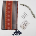Ethnic style brick red shawl scarf with blue fringe and geometric patterns - 180x85cm / Brick Red Geometric Symmetrical (XB726)