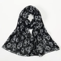 Detail of soft black floral printed scarf featuring lightweight white hibiscus patterns - Hibiscus Floral Print / Black (VE117-1)