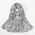 Close-up of soft grey voile scarf featuring white hibiscus floral prints and rolled edges - Gray (VE117-2)