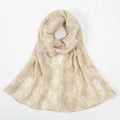 Detail of floral print on beige voile scarf showing lightweight fabric texture and drape - Beige Yellow (VE117-3)