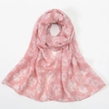 Detail of pink floral print voile scarf with soft semi-transparent hibiscus pattern texture - Pink (VE117-4)