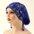 Detail of blue lace turban with handcrafted pearl embroidery and long side tassels - Blue Silver (4#)