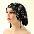 Black lace turban hat with hand-beaded floral embroidery and shimmering pearls - Black Silver (3#)
