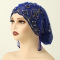 Blue lace headscarf with floral beads, sequins and side tassels for stylish women - Blue Gold (2#)