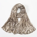 Detail of soft floral pashmina scarf featuring abstract marble print in khaki and tan - Gray (VE119-2)