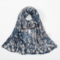 Detailed close-up of soft floral print voile scarf showing fabric texture and navy pattern - Royal Blue (VE119-3)