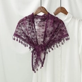 Close-up of deep purple floral lace shawl with sequins and teardrop lace trim detailing - 130*50CM / Purple