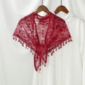 Detail of red lace shawl featuring intricate floral patterns and drop-shaped fringe tassels - 130*50CM / Red