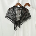 Detail of black hollow lace shawl with floral patterns and water drop tassel pendants - 130*50CM / Black