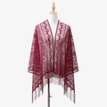Close-up of wine red lace shawl featuring intricate floral patterns and long fringe - 165x60cm / Burgundy
