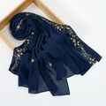 Detail of navy blue chiffon scarf with delicate pink floral embroidery and sheer texture - 170x70cm / Navy Blue