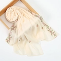 Detailed close-up of floral embroidery on a light champagne semi-transparent hijab scarf - 170x70cm / 3# Beige