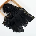 Close-up of black chiffon scarf featuring delicate pink floral embroidery and leaf details - 170x70cm / Style 1