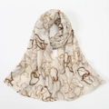Floral print soft voile scarf for women with heart geometric patterns in beige and brown - Heart Geometric Lines / Beige (VE116-1)