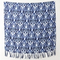 Tie-dye blue and white porcelain linen scarf with fringe in ethnic damask pattern - Blue and White Symmetrical Retro Floral Style (6)