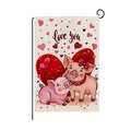 Love You Valentine garden flag featuring cute pink pigs and hearts on burlap texture - Pink Pigs Hearts Style (HYQ078-1)