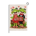 Valentine's Day garden flag with cute frog couple and red hearts on rustic linen fabric - Frog Couple Welcome Style (HYQ078-8)