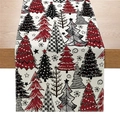Christmas table runner with artistic red and black reindeer pattern on cream linen fabric - Black Red Grey Artistic Christmas Tree (ZQ037-1)