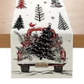 Christmas table runner with vintage red truck and colorful trees on white linen fabric - Vintage Red Truck (ZQ037-4)