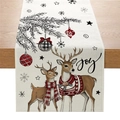 Christmas table runner with reindeer pattern and Joy text on textured beige linen - Beige Plaid Reindeer Joy (ZQ037-5)