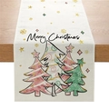 Christmas table runner with artistic trees and Merry Christmas text on cream fabric - Beige Artistic Christmas Tree Merry (ZQ037-6)