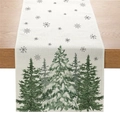 Linen Christmas table runner with green watercolor pine trees and grey snowflakes - Beige Watercolor Pine Tree (ZQ037-7)