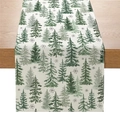 Christmas table runner with green pine trees and snowflakes on a beige linen fabric - Beige Forest Snowflake (ZQ037-9)