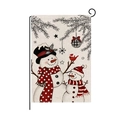 Burlap Christmas garden flag featuring snowmen and cardinal bird on a metal hanger - Snowmen and Cardinal Bird (HYQ076-5)