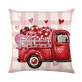Fodera per cuscino San Valentino con camion rosso vintage e cuori su fondo a quadri - Stile Stampato Camion con Cuori / Camion d'Epoca a Quadri Rosa (JYM694-4)