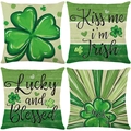 Set di 4 federe per cuscini di San Patrizio con trifogli verdi e scritte Lucky su lino - Stili Combinati Kiss Me I'm Irish (Serie JYM699) / Set da 4 pezzi