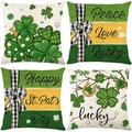 Set di 4 federe per cuscini di San Patrizio con trifogli e ferri di cavallo in lino - Stili Combinati Ferro di Cavallo Fortuna (Serie JYM700) / Set da 4 pezzi