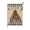 Gartenflagge mit Weihnachtsbaum und Büffelkaro-Rand auf schwarzem Metallständer - Hyq077-3